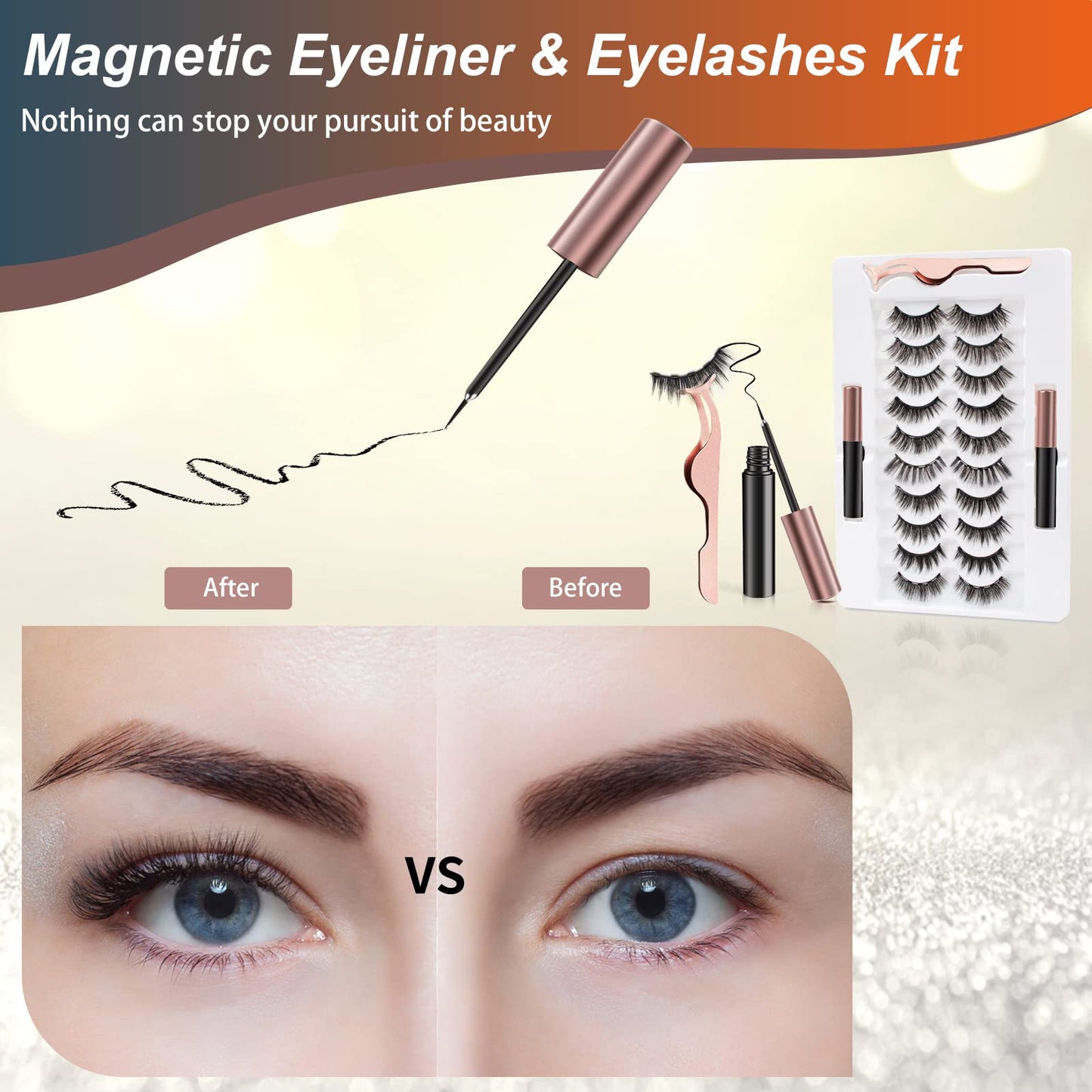 Magnetic Eyelashes Kit, 3D Reusable Magnetic False Eyelashes with 2 Tubes of Magnetic Eyeliner & Tweezers - Easy to Use, Black, Natural Look
