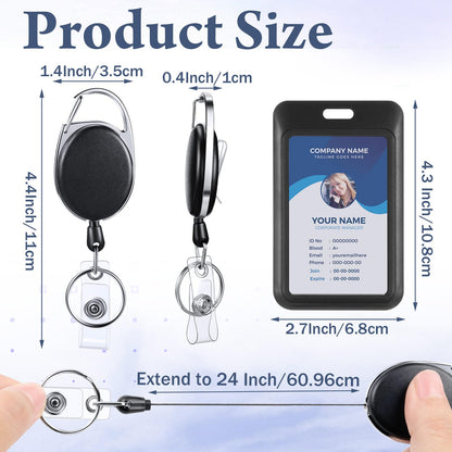 Dispowreath 24 Pack Sliding Badge Holder with Retractable Clip Black Vertical Plastic ID Card Case Protector, Heavy Duty Badge Reel ID Holders for Keychain Key Card Nurse Office Credit License