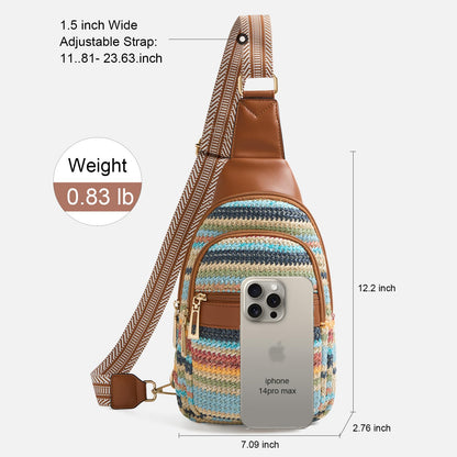 cakang 7L Straw Crossbody Bags for Women - Fashion Sling Chest Bag with Rainbow Woven Design, Lightweight Fanny Pack Travel Leather Shoulder Bag (Brown)
