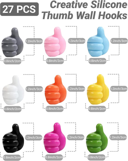 27 Pack Creative Silicone Thumb Wall Hook - Multifunction Adhesive Cable Clip - Self Adhesive Hooks for Cable Organization - Self Adhesive Thumb Cable Organizer Clips Key Hanger, 9 Colors