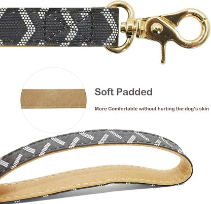 Leather Dog Collar and Leash Set, Check Pattern Dog Collar Leashes Metal Buckle Adjustable Durable for Small Medium Large Dogs (Black, S(11.4-13.4IN))