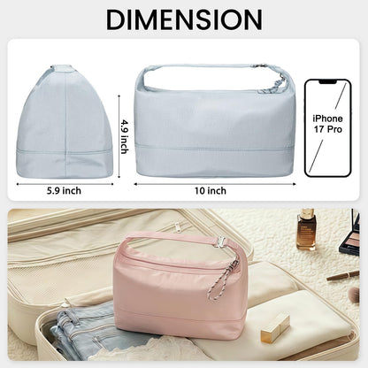 HauteHues Travel Makeup Bag for Women, Roomy Cosmetic Bag and Toiletry Bag with Wide Open Design, Soft Nylon Pouch for Makeup, Skincare, Toiletries, Gym, Carry-On and Weekend Trips, Gray Blue
