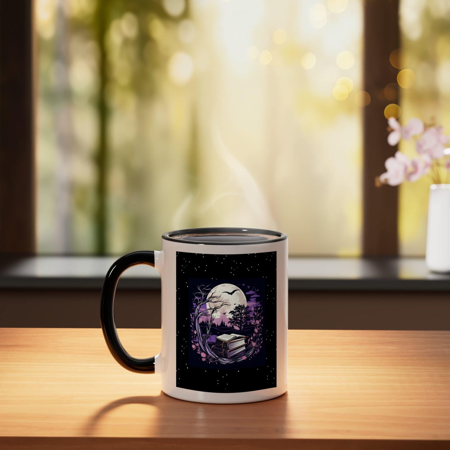 Spooky Moon Haunted Scene Halloween Book Lovers Reader Ceramic Mug, Black/White