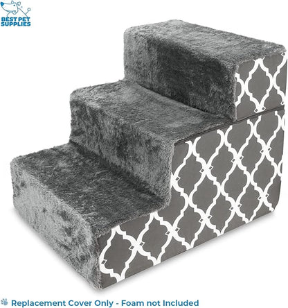 Best Pet Supplies Non-Slip Foam Dog Stair & Pet Ramp, Balanced Indoor Step Support - Foldable Stair Cover, Gray Lattice, 3-Step
