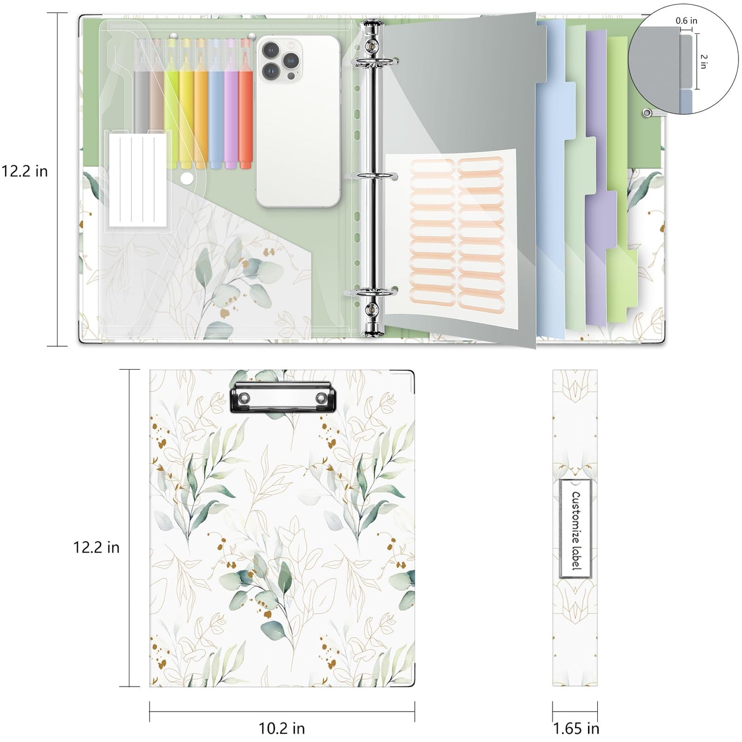 3 Ring 1 Inch Binder Organizer, KLLVE Three Ring Binders with Clipboard, 5 Pocket Divider with tabs, Folder, 18 Divider Stikers, Pen Loop (Leaves, Letter Size)