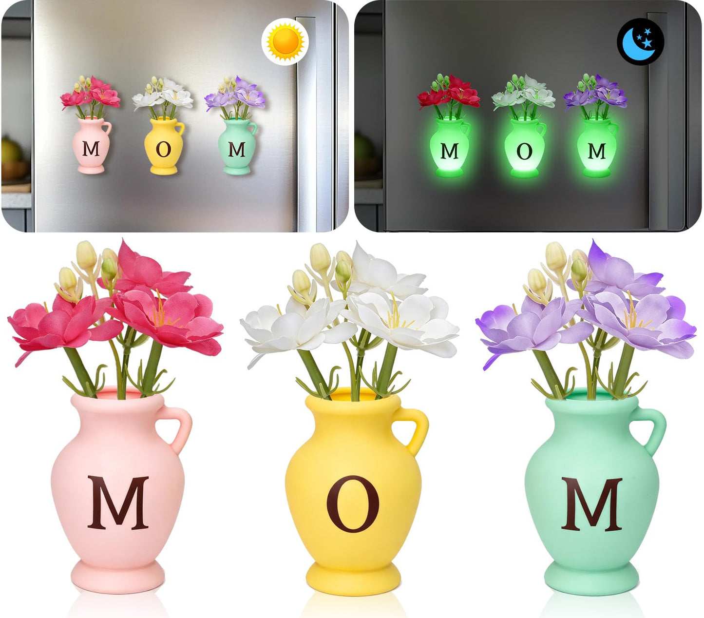 Mini Vase Magnets for Fridge,Silicone Tiny Magnetic Glow Plant Pot,Glow Bud Vase for Real Fake Flower,Gift for Mom from Daughter Son for Mother Day Birthday for Kitchen Office Locker Whiteboard Decor