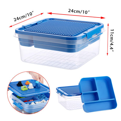 OGANAZI Plastic Storage Container with Bricks Baseplate Lid for Building Blocks, Bricks Building Set Organization Bin with Compartments Tray, Stackable Storage Box Building Block Chest Case (Blue)