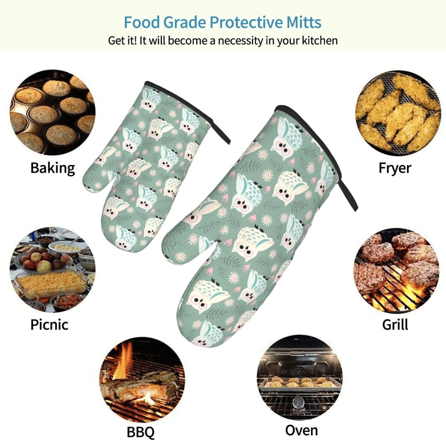 Owl Oven Mitts of 2 Pack, Funny Kitchen Gloves Heat Resistant Non-Slip Kitchen Mitts for Cooking Baking Grilling