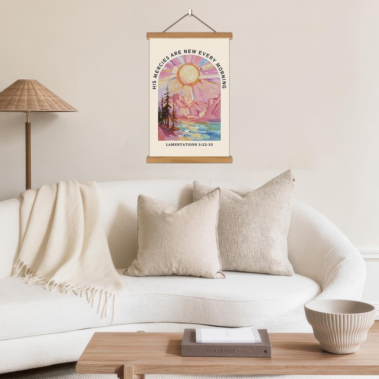 KAIRNE Christian Wall Decor,Inspirational Scripture Wall Art,Bible Verses Canvas Poster,Framed Abstract Religious Prints,Pink Mountain Landscape Paintings For Home Ling Room Bedroom Church Decoration