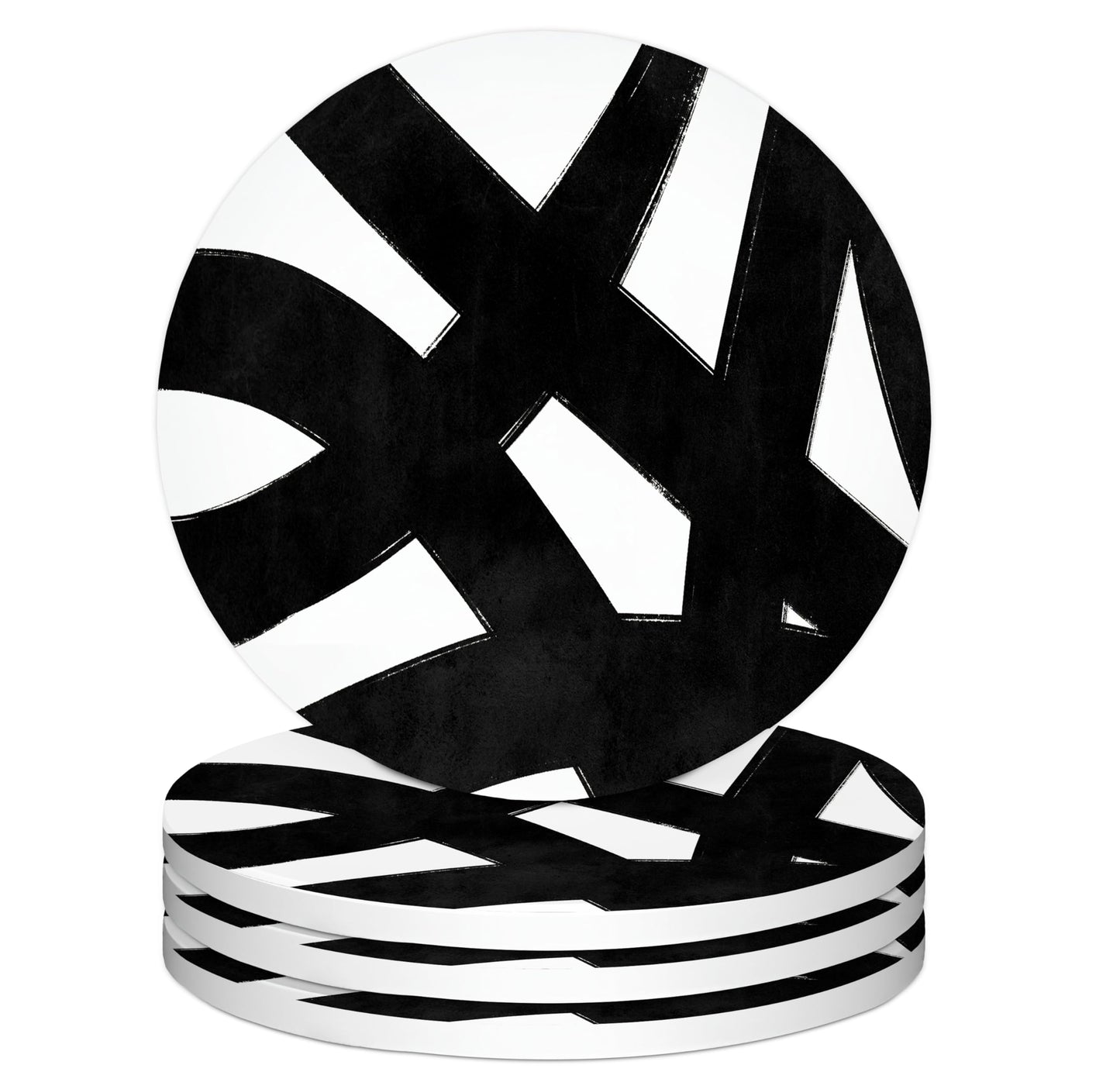 Black and White Coasters Set of 4, Modern Abstract Geometrical Black and White Ceramic Car Drink Coaster Cup Mat with Cork Back for Table Desk Decor