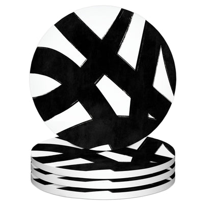 Black and White Coasters Set of 4, Modern Abstract Geometrical Black and White Ceramic Car Drink Coaster Cup Mat with Cork Back for Table Desk Decor