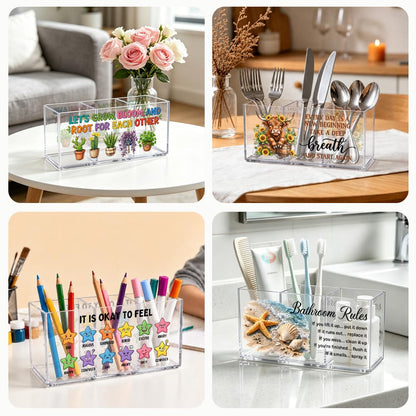 UAKXOIF Acrylic Pen Holder Organizer with 3 Compartments, “Let’s Grow, Bloom and Root for Each Other” Plant Design, Desk Organizer for Pen, Makeup, Office Supplie, Inspirational Gifts for Women Friend