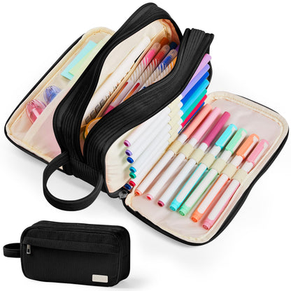 Sooez High Capacity Pencil Case, Soft Corduroy Pencil Pouch with 4 Compartments, Multiple Pockets, Large Pencil Bag with Sturdy Zipper, Cute Pencil Case Pouch Organizer for Student Teen Girls, Black
