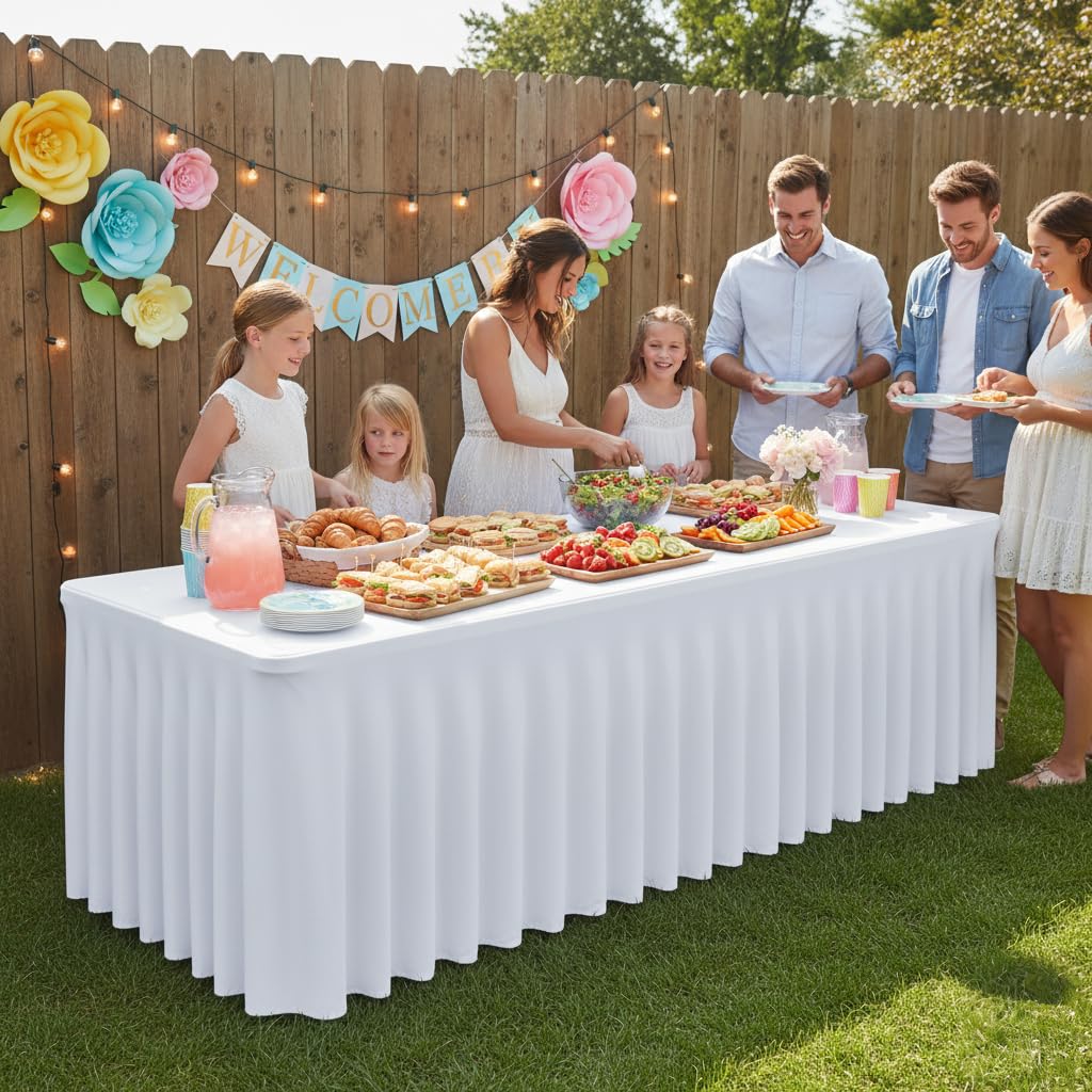 HolidayIdeas 2 Pack Spandex Table Skirt for 6 Ft Rectangle Tables, White Fitted Stretch Tablecloth 30 x 72 Inch, Wrinkle Resistant Ruffle Design for Wedding Banquets, Baby Showers, Parties