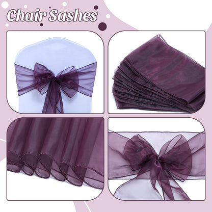 MDS® Pack of 25 Organza Chair Sashes for Wedding Decoration, Reusable Sheer Chair Bows for Banquet Chair Cover, Reception, Bridal Shower, Baby Shower, Birthday Party & Special Events - Plum