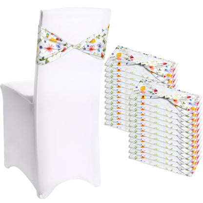 Newwiee Floral Spandex Chair Sashes Floral Print Elastic Chair Sashes Bow Polyester Chairs Cover Bands Ties Without Buckle for Birthday Party Decor