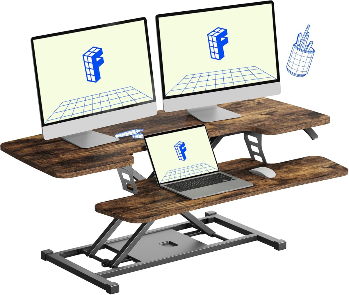 FLXISPOT 40in Standing Desk Converter, Height Adjustable Riser, Manual Lift with Gas Spring Monitor and Laptop Workstation, Rustic Color