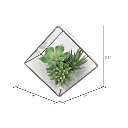 Vickerman Everyday 7.5" Indoor Artificial Green Succulents - Geometric Glass Terrarium - Pre-Made Durable Faux Plants in Glass Terrarium - Maintenance Free