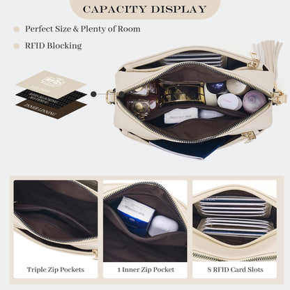Roulens Triple Zip Small Crossbody Bag for women,Wide Strap Cell Phone Purse Shoulder Handbag Wallet with Credit Card Slots