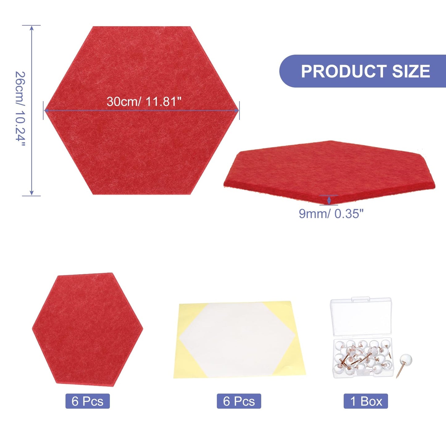 PATIKIL Felt Bulletin Board, 12"x10", 6 Packs Self Adhesive Hexagon Felt Tiles for Sound Proofing Wall Panels for Home Office Recording Studio,Game Room, Red