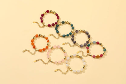 NVWAROCK Beaded Bracelet for Women, Gemstone Bracelet, 14K Gold Plated Stackable Handmade Oval Stone Bracelet Jewelry Gift - Pink