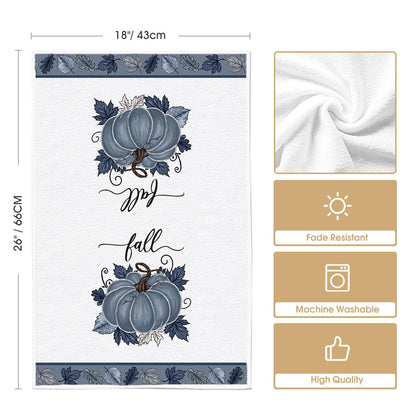 Artoid Mode Blue Leaves Pumpkin Fall Kitchen Towels Dish Towels, 18x26 Inch Farmhouse Autumn Decoration Hand Towels Set of 2