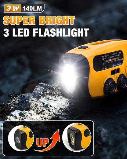 Hand Crank Radio with AM/FM/NOAA Weather Bands,for Emergencies, Camping | 3 LED Flashlights,SOS Function,Solar Powered,Hand Cranked, 2000mAh/7400mWh Charger,for Power Outage - Orange