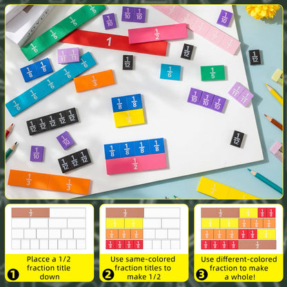 Sayglossy 36 Sets Fraction Tiles Set for Classroom Rainbow 11.8 x 8 in Fraction Strips Bars Math Manipulatives Montessori Math Materials for Home Learning School Educational (Vivid Color)