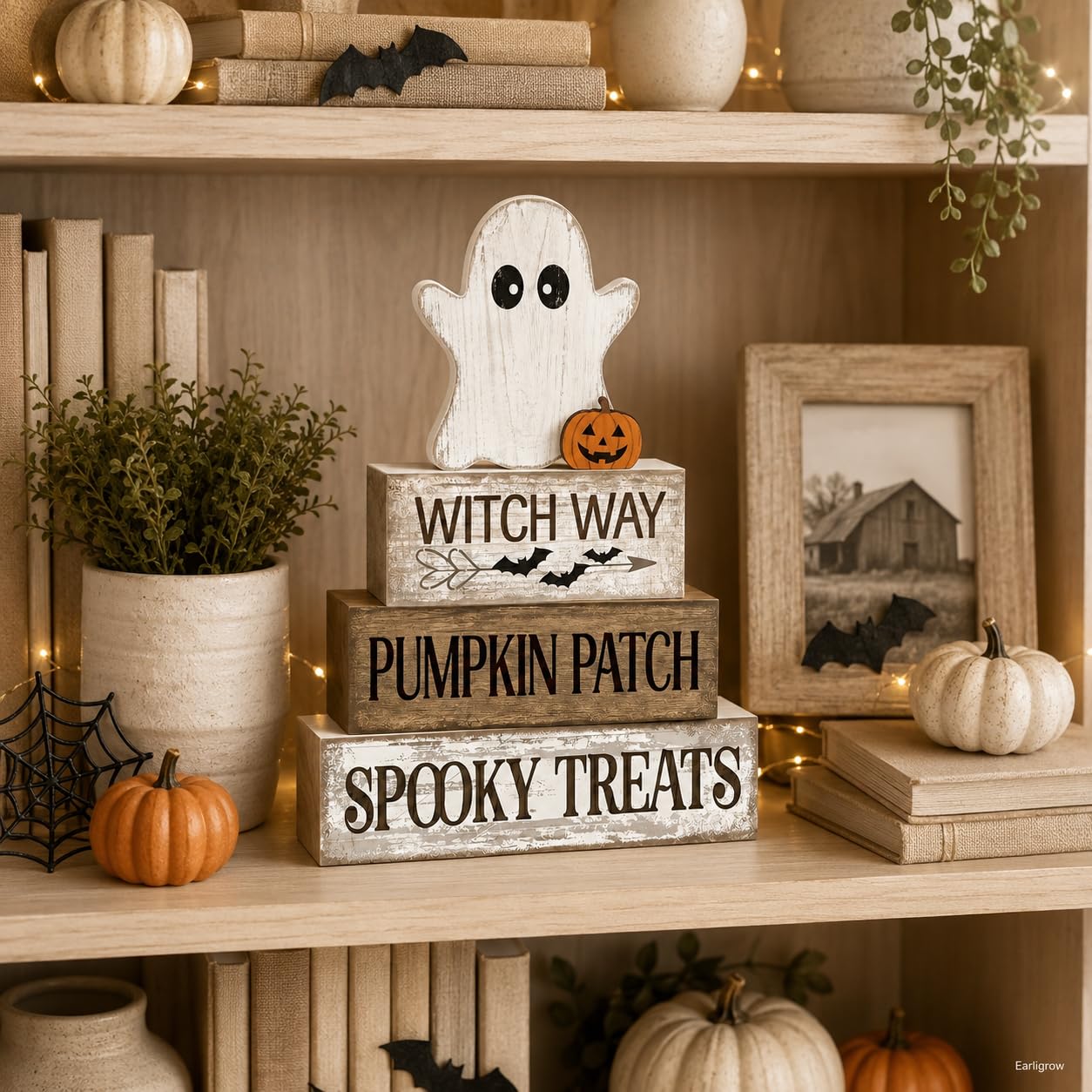 4 Pcs Halloween Table Decorations Wooden Ghost Tiered Tray Decor Farmhouse Rustic Block Signs Cute Pumpkin Tabletop Centerpiece for Home Office Mantel Kitchen Shelf