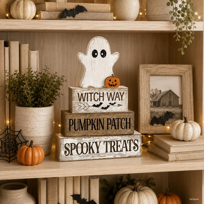 4 Pcs Halloween Table Decorations Wooden Ghost Tiered Tray Decor Farmhouse Rustic Block Signs Cute Pumpkin Tabletop Centerpiece for Home Office Mantel Kitchen Shelf