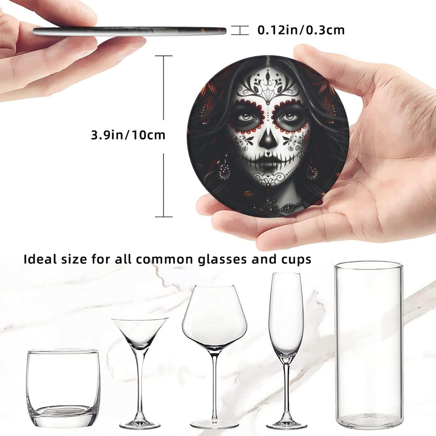 Sugar Skull Coasters with Holder Leather Coasters for Drinks Set of 6 Funny Halloween Drink Coasters Sets for Living Room Kitchen Coffee Bar Holiday Decor