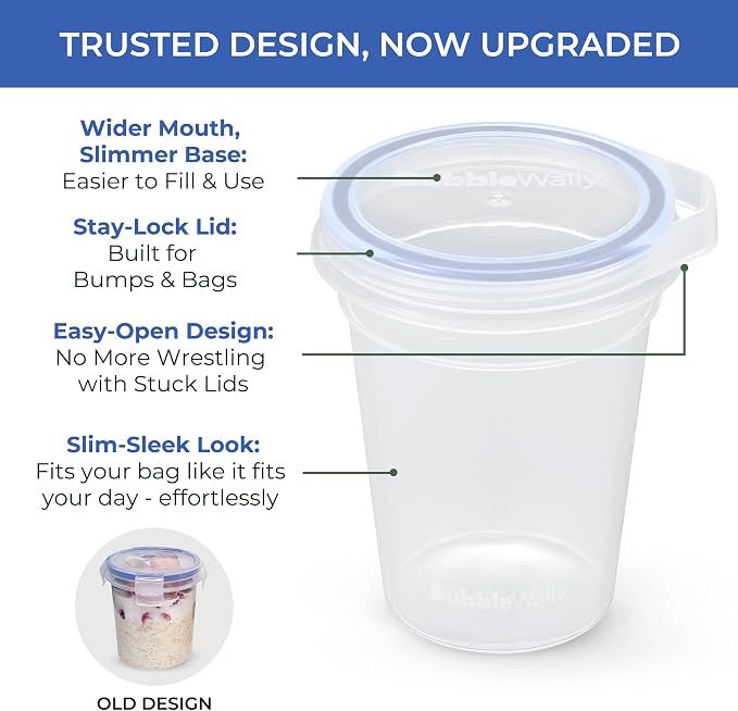 BubbleWally JoyPlus Overnight Oats Containers with Lids Plastic (Grey) - Meal Prep Containers Reusable for Food Storage – 16oz Jars for Breakfast, Snacks, and Lunch