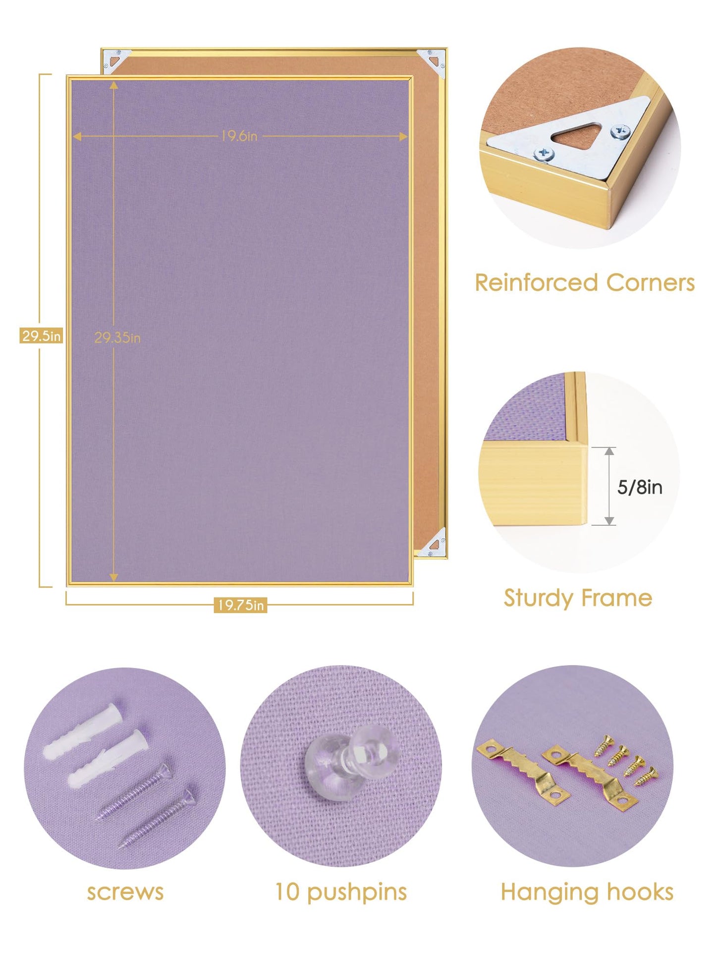 Lightomorrow Bulletin Board 30 x 20 inches, Mystic Violet Pin Board, Golden Aluminum Framed Fabric Cork Board with 10 Push Pins