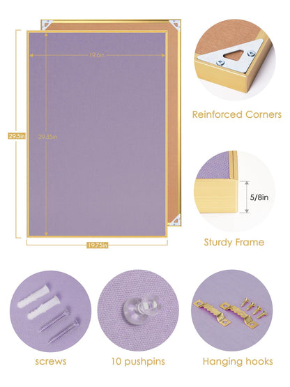 Lightomorrow Bulletin Board 30 x 20 inches, Mystic Violet Pin Board, Golden Aluminum Framed Fabric Cork Board with 10 Push Pins