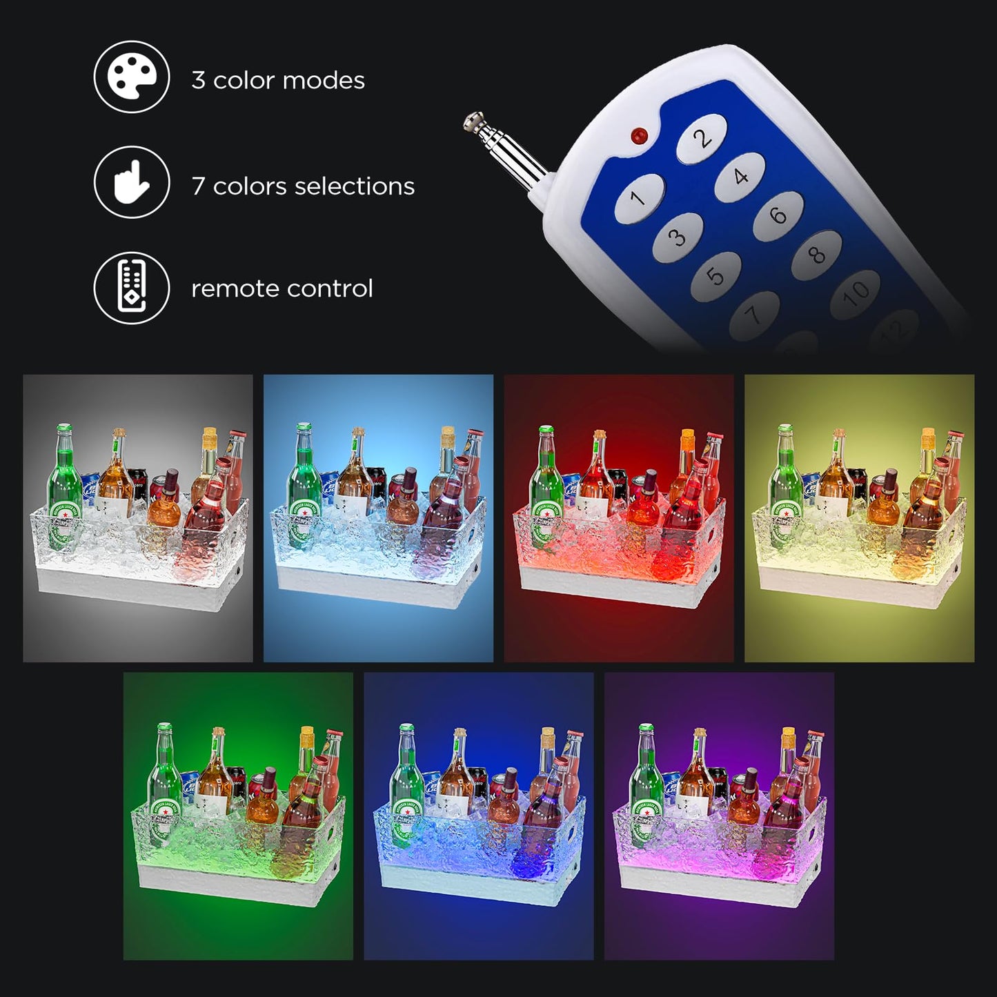 Plastic Ice Bucket Beverage Tubs for Parties, 15Liter / 4 Gallon Large Clear Drink Tub for Champagne Beer Drink Wine Cocktails, 7 Colors LED Light Up with Remote, Leakproof