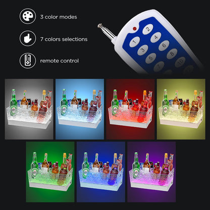 Plastic Ice Bucket Beverage Tubs for Parties, 15Liter / 4 Gallon Large Clear Drink Tub for Champagne Beer Drink Wine Cocktails, 7 Colors LED Light Up with Remote, Leakproof