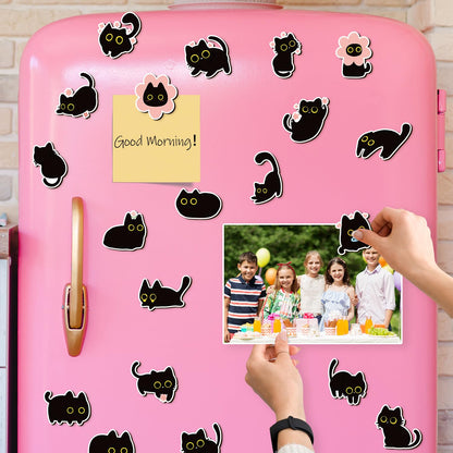 MALLMALL6 24Pcs Cute Black Cat Fridge Magnets, Novelty Gift for Cat Lover, Spring Refrigerator Magnetic Sticker Decor Accessories with Flower Bread Fish for Home Kitchen Office Locker Mailbox Door