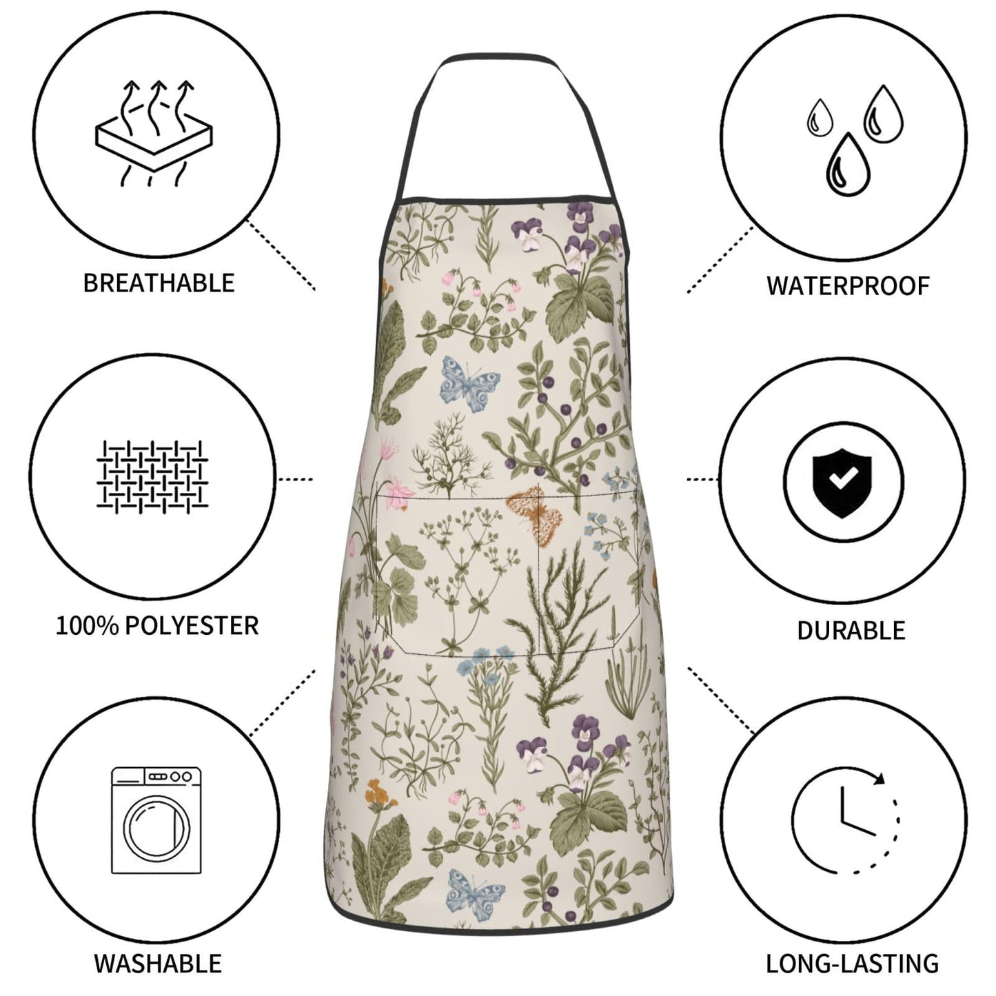 HEROARMOUR Vintage Wildflower Herbs Floral Rustic Butterfly Oven Mitts Pot Holders Cooking Apron Set of 5 Silicone Kitchen Glove Apron Non-Slip Heat Resistant for Chef Baking Cooking Grilling BBQ