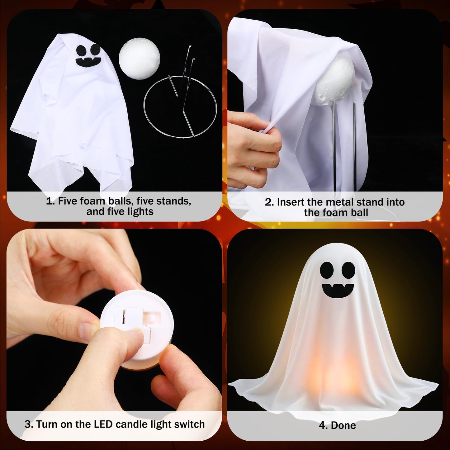 WinnerWhy Set of 5 Halloween Ghost Decoration 14" 11" 9" Ghosts Table Centerpieces with LED Candles with Metal Stand Spooky Halloween Tabletop Crafts for Party Indoor Home Room Kitchen Office, 3 Sizes