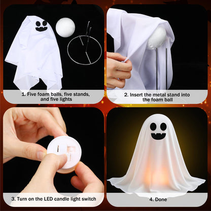 WinnerWhy Set of 5 Halloween Ghost Decoration 14" 11" 9" Ghosts Table Centerpieces with LED Candles with Metal Stand Spooky Halloween Tabletop Crafts for Party Indoor Home Room Kitchen Office, 3 Sizes