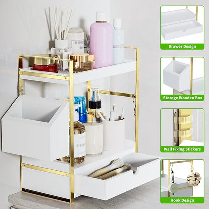 2-Tier Bathroom Counter Organizer with Drawer and Basket, Wood Countertop Organizer for Storage, Skincare Organizers for Vanity, Counter Shelf for Bathroom Organization(White-gold)