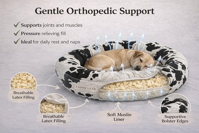 Round Dog Bed – Natural Canvas, Removable Washable Cover, Raw Cotton or Latex Fill, Hypoallergenic Non-Toxic, Made in USA (Cow Print Black White, Small, Firm Support – Raw Cotton)
