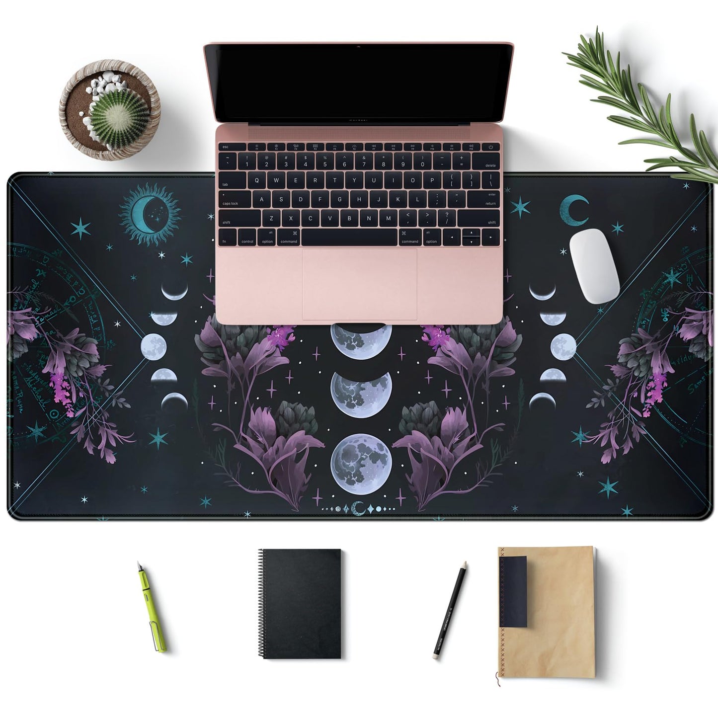 Celestial Moon Phases Mouse Pad Large Purple Desk Mat Forest Extended Gaming Mousepad Violet Teal Desk Pad XXL 31.5 x 15.7 in Laptop Computer Mouse Keyboard Mat for Office Desk Decor