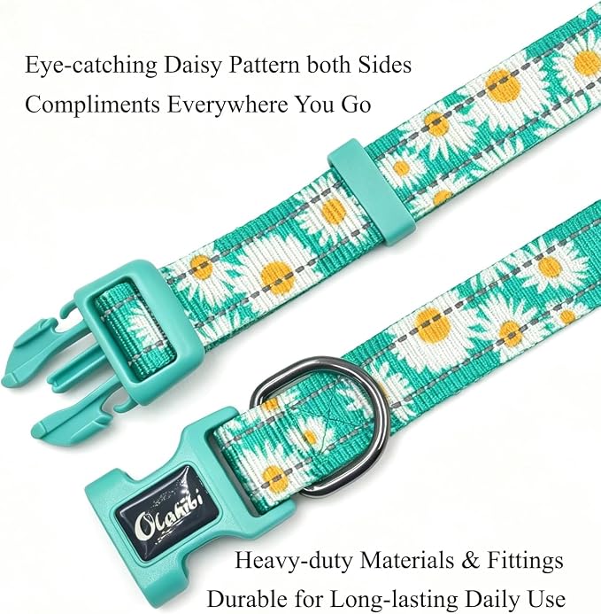 Dog Collar Leash Set, Floral Pattern, with Safety Reflective Strips, 5 ft Matching Leash, Neoprene Padded Handle, Adjustable 4 Sizes for Small Medium Large Dogs.(M, Green Daisy)