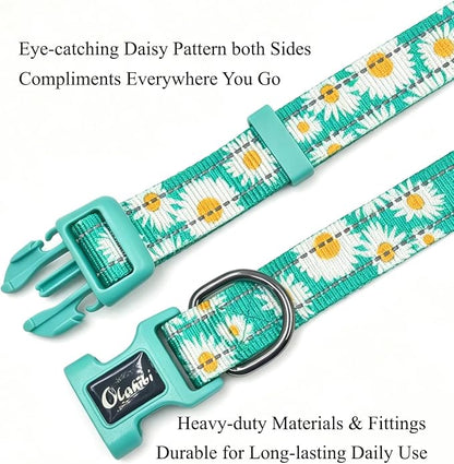 Dog Collar Leash Set, Floral Pattern, with Safety Reflective Strips, 5 ft Matching Leash, Neoprene Padded Handle, Adjustable 4 Sizes for Small Medium Large Dogs.(XS, Green Daisy)