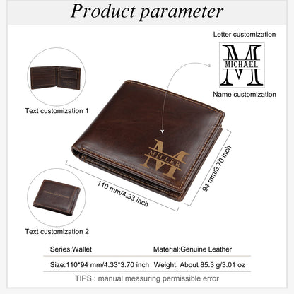 Glooraca Personalized Leather Wallet for Men, Custom Engraved Name & Initials Gift for Dad Father's Day, Genuine Leather RFID Blocking Bifold Thin Wallet (Color 1)