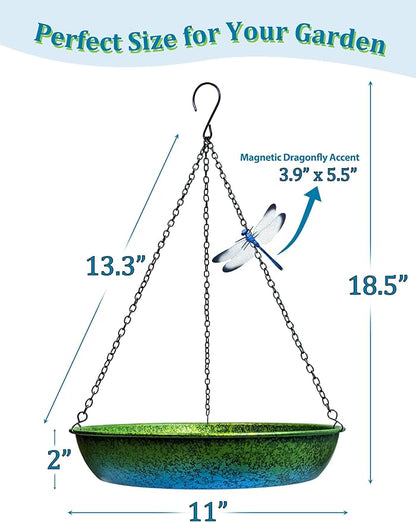 Hanging Bird Bath for Outside Metal Hanging Bird Feeder Window Birds Feeder Hand-Painted Blue and Green Gradient 11 in for Birds to Seed Bathe and Drink for Back Yard, Deck,Patio Garden Decoration
