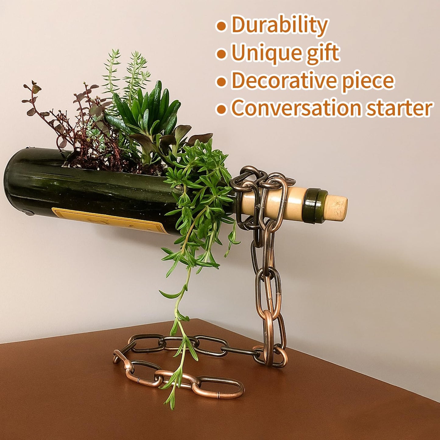 TBWHL Novelty Magic Wine Bottle Holder Floating Steel Link Chain Wine Bottle Rack/Holder - Holds Bottles in the Air, Unique Levitating Wine Bottle Stand for Home Bar, Kitchen, or Party Deco（Brown）