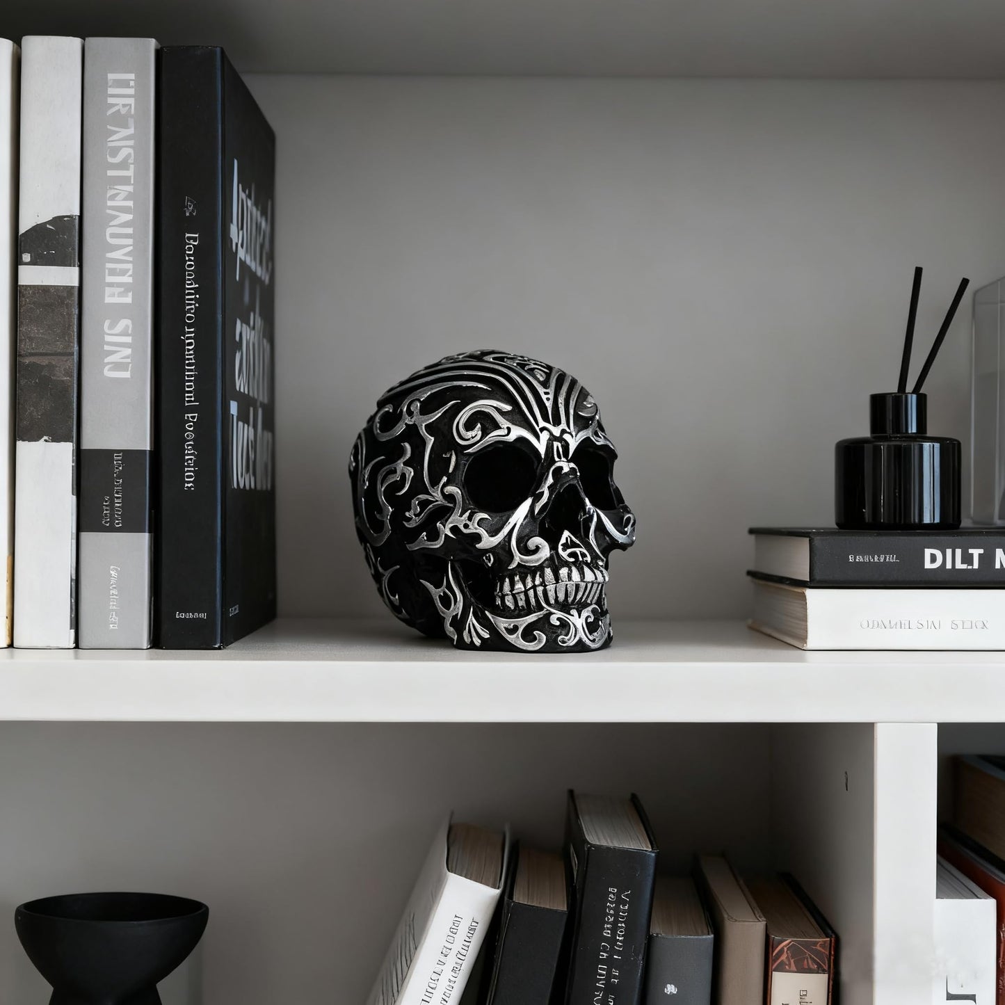 Kreovaor Gothic Skull Head Home Decor - 5.2 Inch Gothic Skeleton Skull Decor with Silver Patterns, Halloween Skull Decoration for Home, Office Desk, and Spooky Party Decor