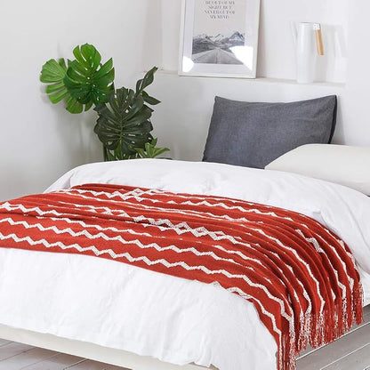 BOURINA Fluffy Chenille Knitted Fringe Throw Blanket Lightweight Soft Cozy for Bed Sofa Chair Throw Blankets, Rust 50" x 60"